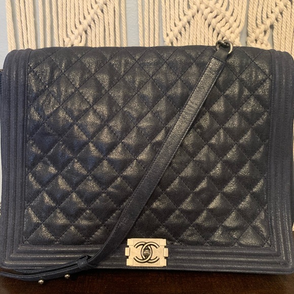 CHANEL Handbags - Chanel Blue Quilted Iridescent Leather XL Boy Bag